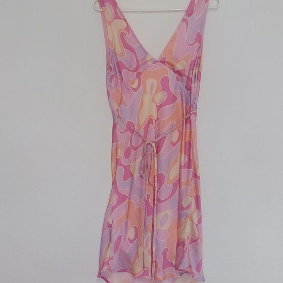 Bright Pink & Yellow Silky Sleeveless Slip Mini Dress Size 6 - Picture 5 of 10